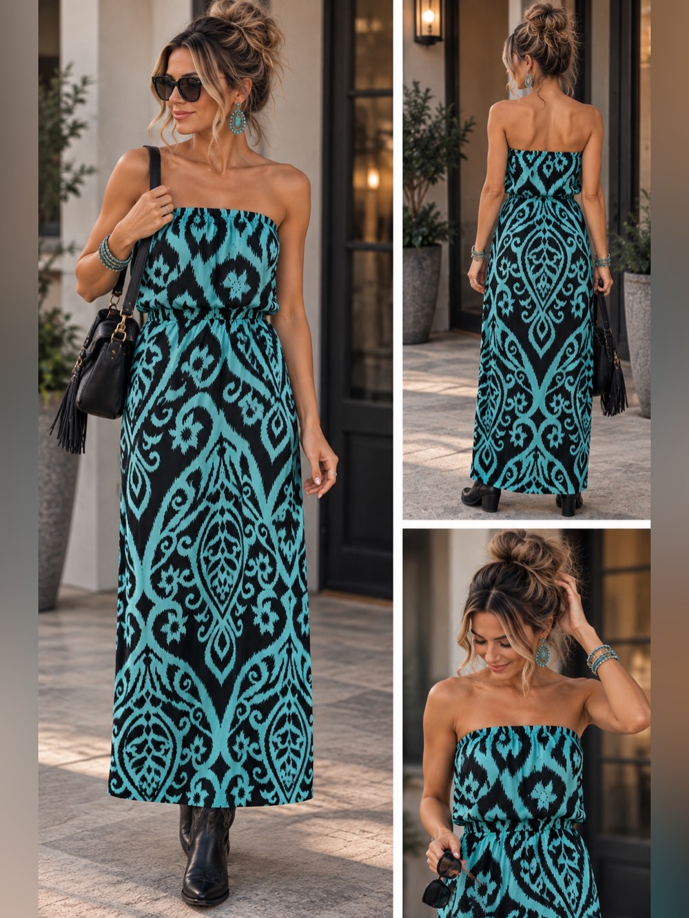 🩵 Cezanne Strapless Maxi Dress Turquoise Black Ikat Print NWOT